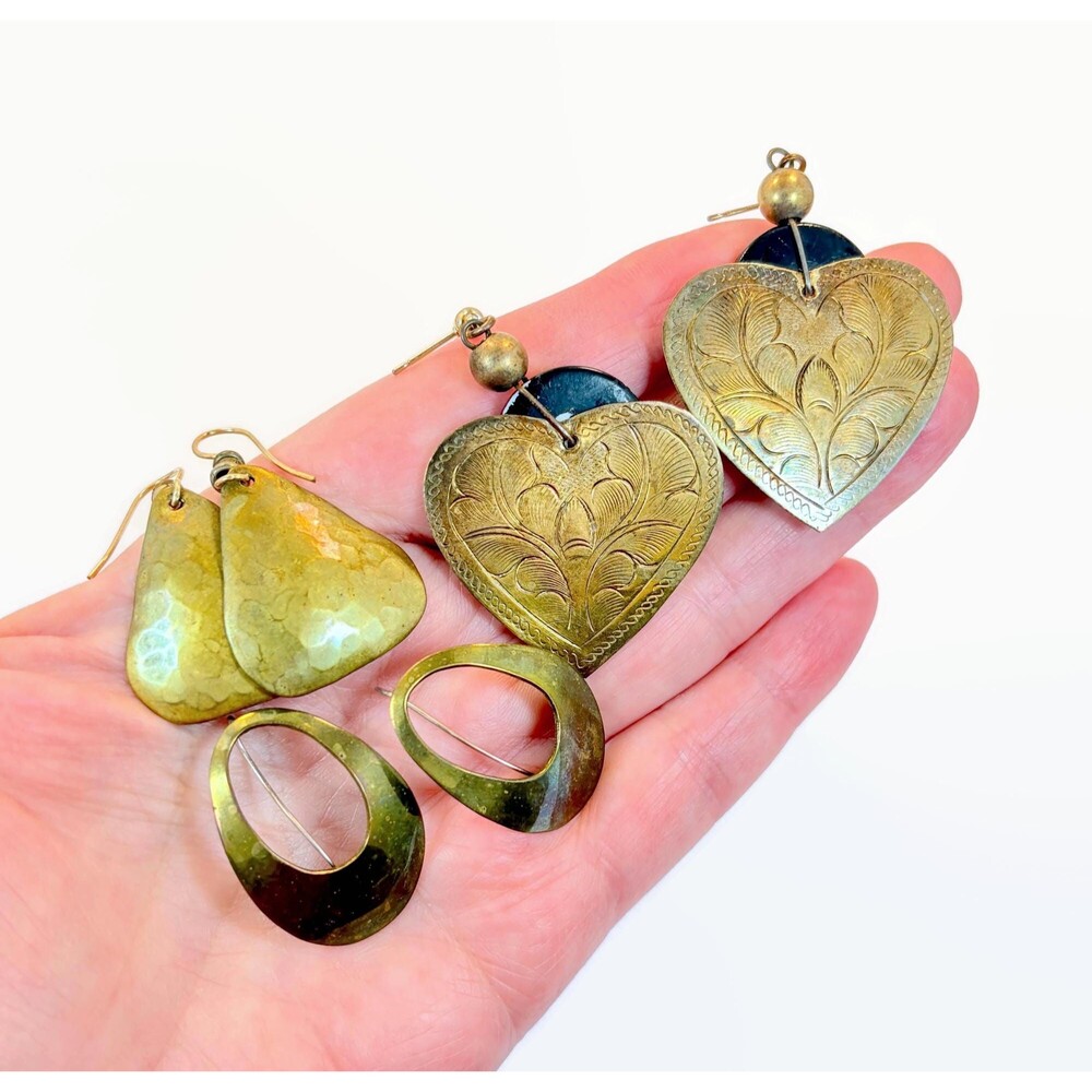 Vintage Earrings,  Lot of 3, Brass, Boho, 1980s, 80s, Pierced, Retro, Artsy
